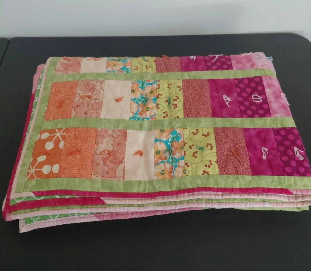 VTG Handmade Patchwork Quilt Cotton Floral Pink Green Cottagecore 45X62 Girly